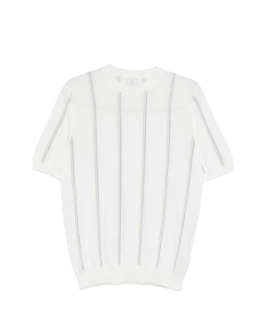 Eleventy White Round-Neck Striped Sweater for men