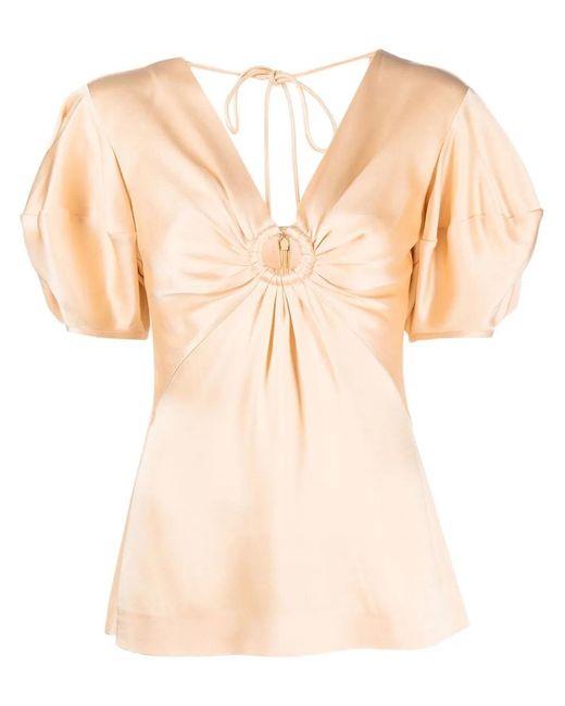 Stella McCartney Natural Puff-Sleeve Ruched Blouse