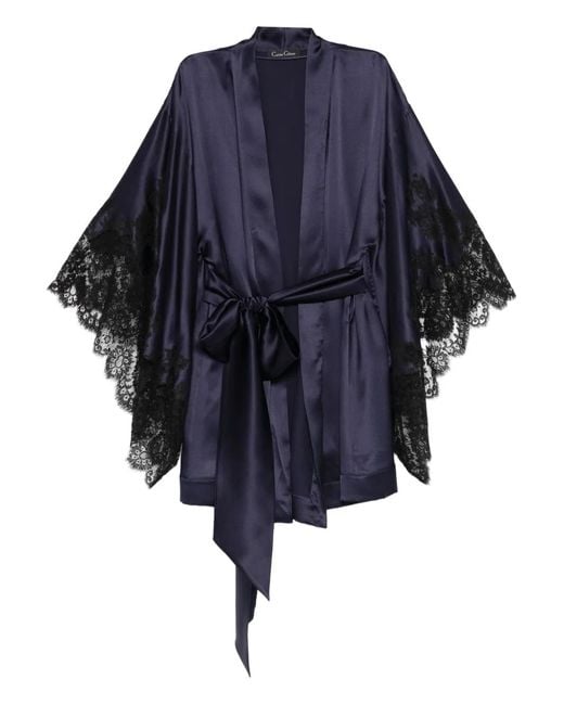 Carine Gilson Women's Blue Butterfly Sleeves Satin Silk Short Kimono