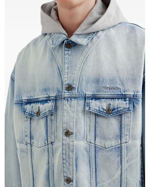 we11done Blue Hooded Raw-Hem Denim Jacket for men