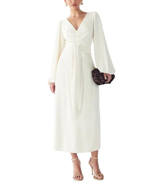 Willa White Gwen Ruched Tie-Fastening Midi Dress