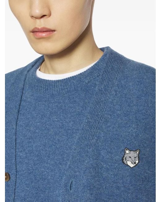 Maison Kitsuné Wollcardigan mit Fuchs-Patch in Blue für Herren