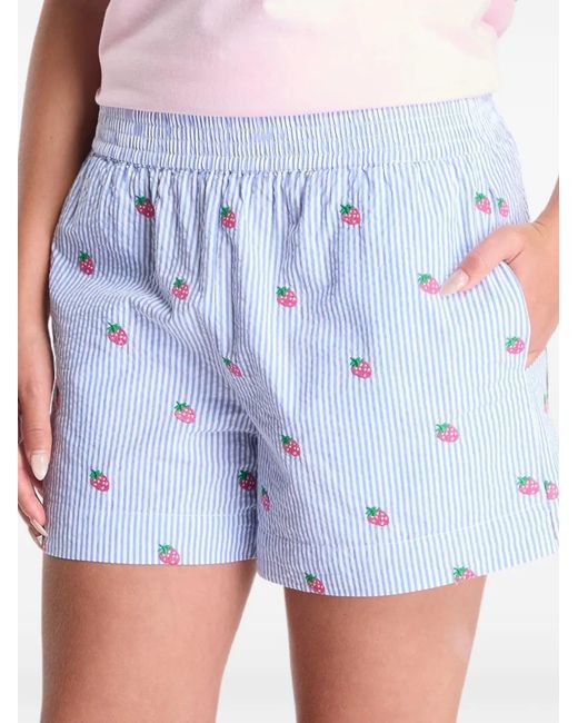 Mc2 Saint Barth Blue Meave Strawberry-Embroidered Seersucker Shorts