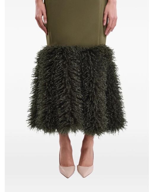 Gemy Maalouf Green Bow-Detail Faux-Fur Hem Dress