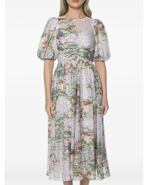Ted Baker Gray Jonora Floral-Print Puff-Sleeved Midi Dress