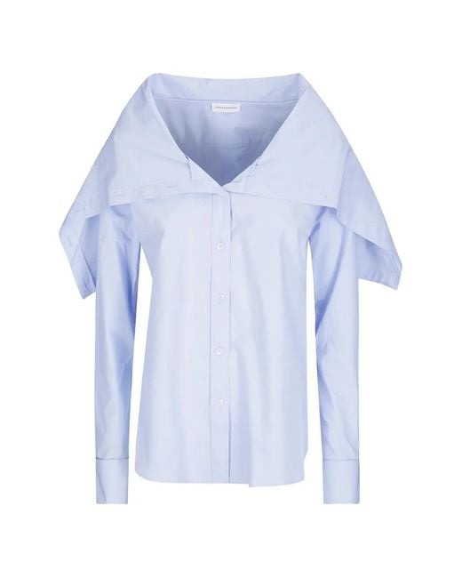 7 For All Mankind Blue Off-Shoulder Poplin Shirt