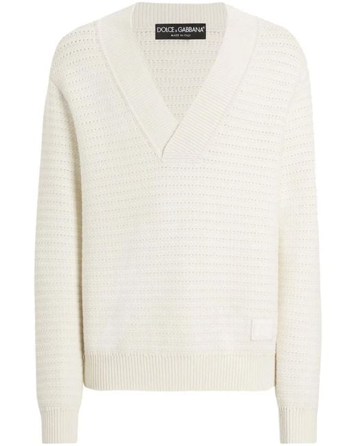Dolce & Gabbana White Wool V-Neck Sweater With Dg Embroidery for men