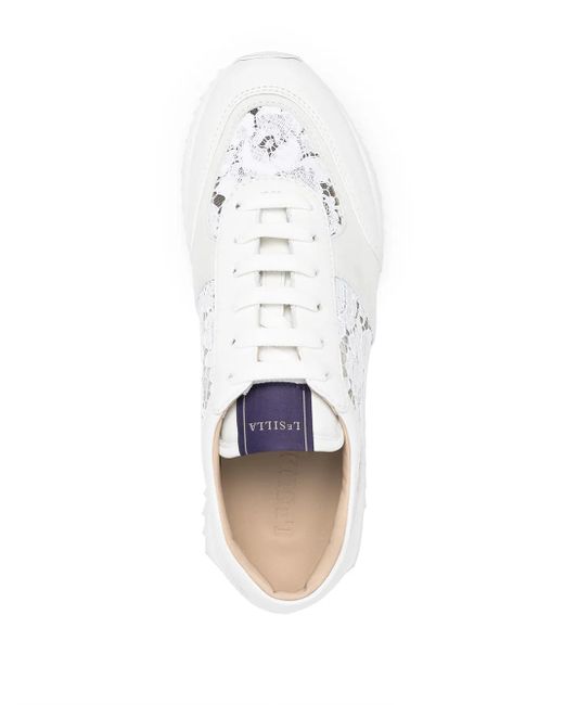 Le Silla White Lace-Embroidered Leather Sneakers