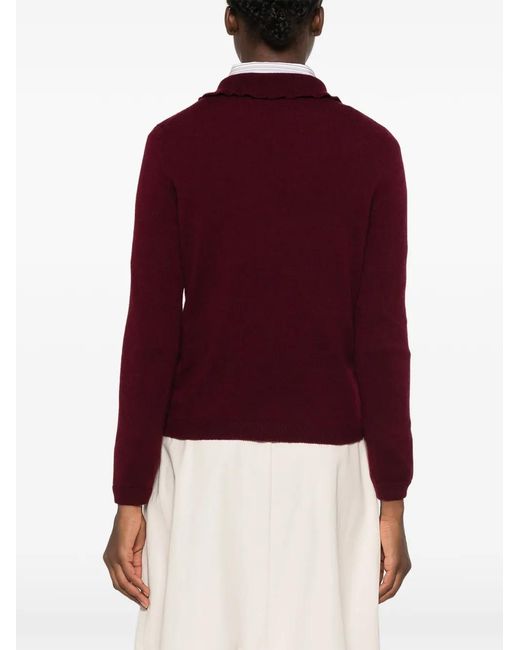 Allude Red Ruffle-Trimmed Button-Up Sweater