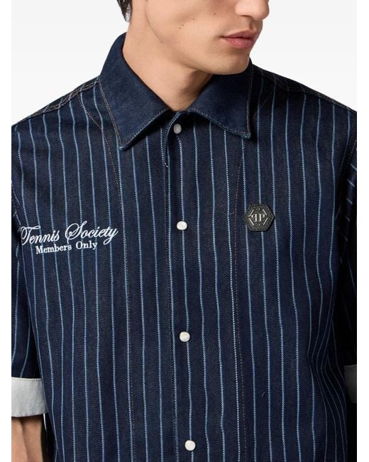 Philipp Plein Blue Shortsleeve Denim Overshirt Tennis for men