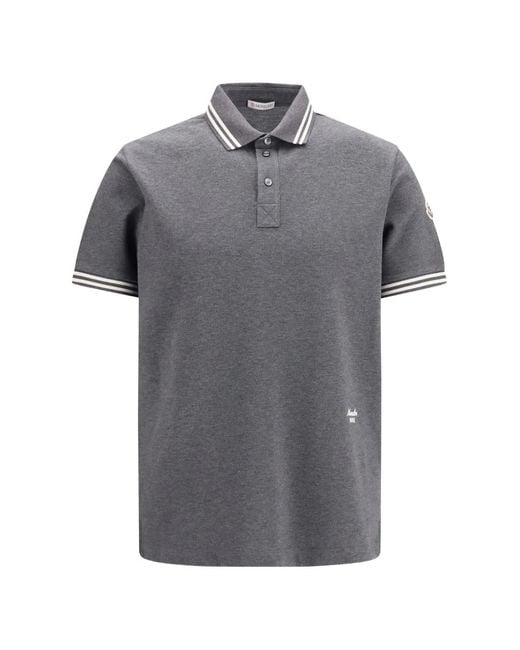 Moncler Gray Stripe-Trim Logo-Patch Polo Shirt for men