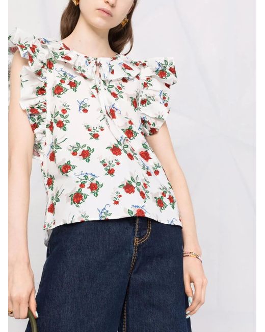 See By Chloé White Floral-Print Ruffle-Collar Blouse