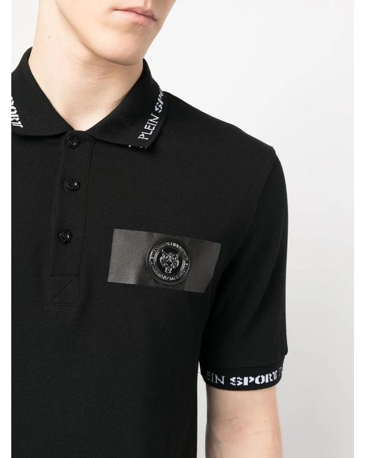 Philipp Plein Black Logo-Patch Short-Sleeved Polo Shirt for men
