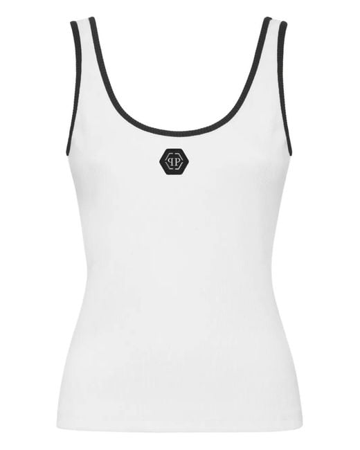 Philipp Plein White Cotton Rib Tank Top Hexagon