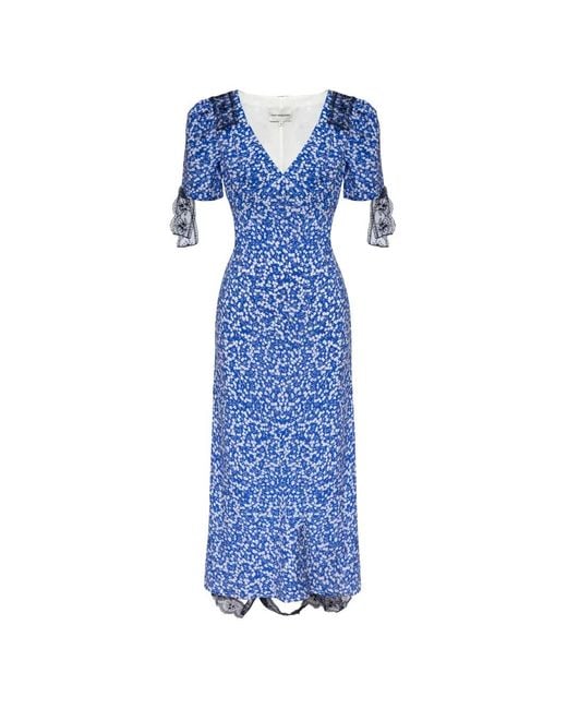 POST MERIDIEM Blue Floral-Print Lace-Trim Midi Dress