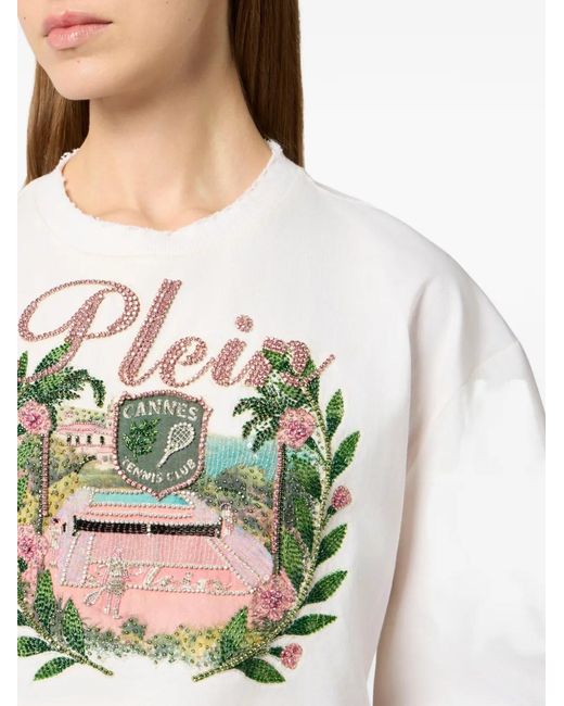 Philipp Plein White Rhinestones Cropped T-Shirt
