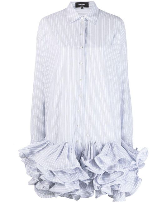 Rochas White Long-sleeved Ruffled Shirt Dress