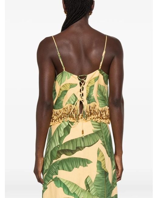 Farm Rio Yellow Beaded-Fringe Leaf-Print Top