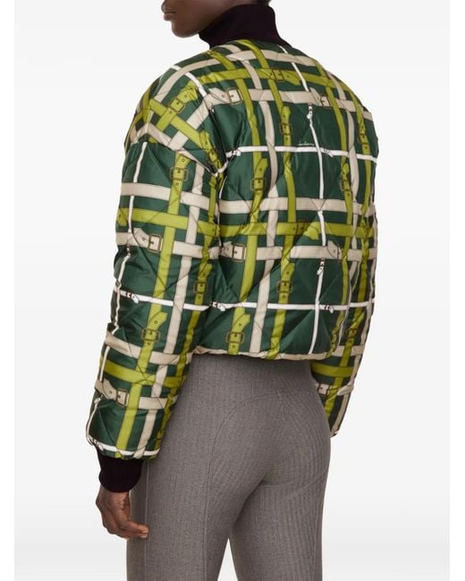 Burberry Green Cropped Reversible Belt Check Nylon Jacket
