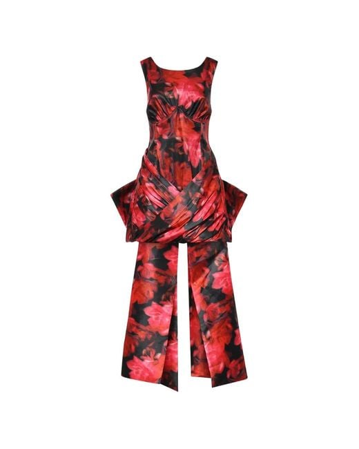 For Love & Lemons Red Dark Romance Floral-Print Bow-Detail Dress