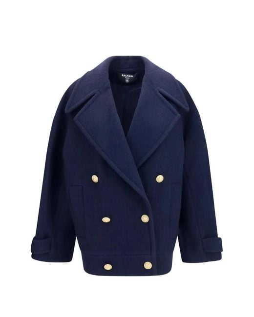 Balmain Blue Double-Breasted Wool Coat