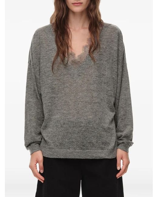 Bimba Y Lola Gray Long Dark Melange Wool And Lace Sweater