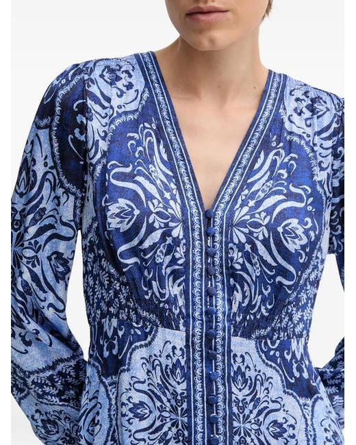 Hale Bob Blue Noor V-Neck Printed Midi Dress
