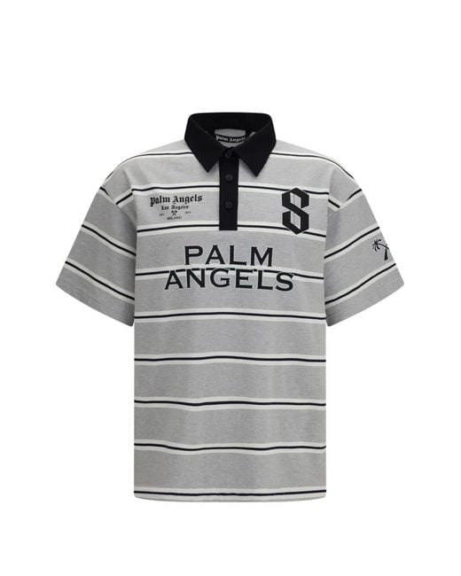 Palm Angels Gray Striped Logo-Print Polo Shirt for men
