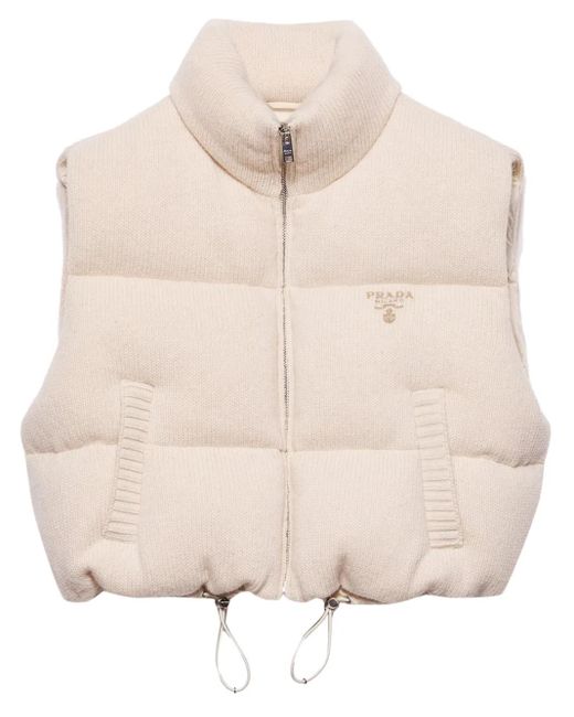 Prada Natural Embroidered Logo Wool-Cashmere Down Vest