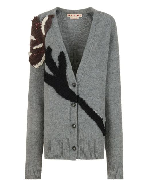 Marni Gray Floral-Appliqué V-Neck Cardigan