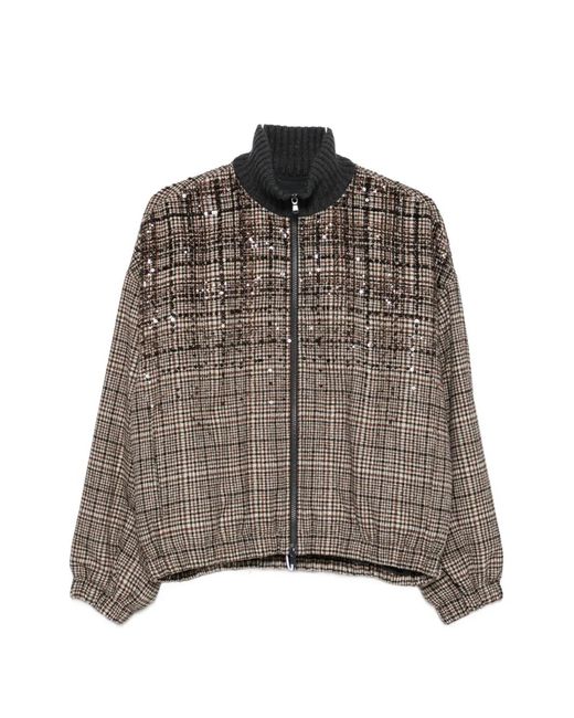 Brunello Cucinelli Brown Sequin-Embellished Checked Jacket