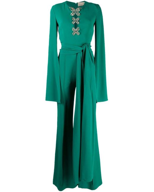 Elie Saab Green Butterfly-detailing Flared Jumpsuit