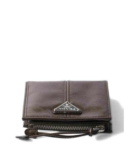 Prada Brown Triangle Logo Zip Leather Wallet for men