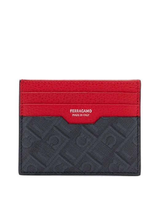 Ferragamo Red Monogram-Print Two-Tone Grained Leather Card Holder for men