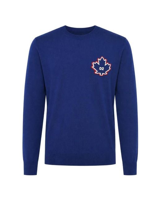 DSquared² Blue Maple-Leaf Patch Crew-Neck Sweater for men