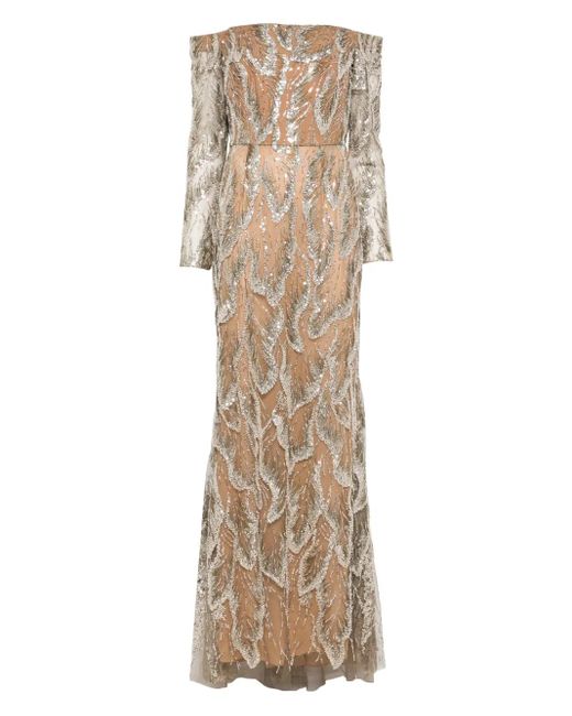 Elie Saab Natural Off-Shoulder Embellished Gown