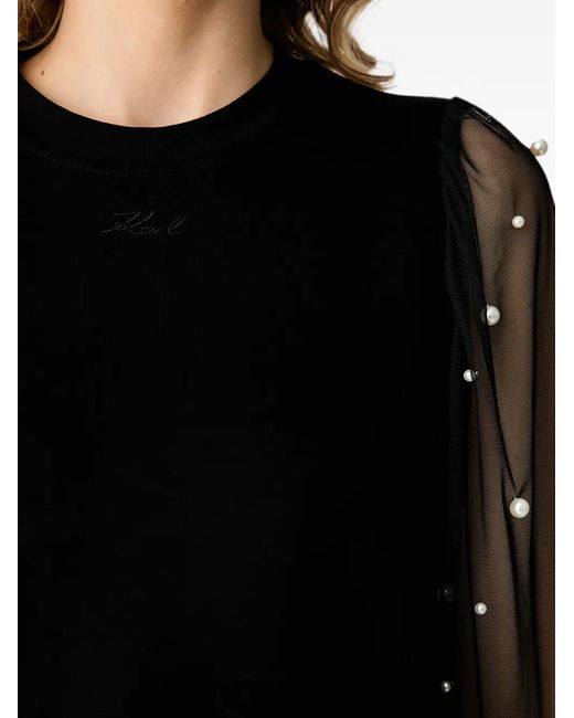 Karl Lagerfeld Black Faux-Pearl Sheer-Sleeve Top