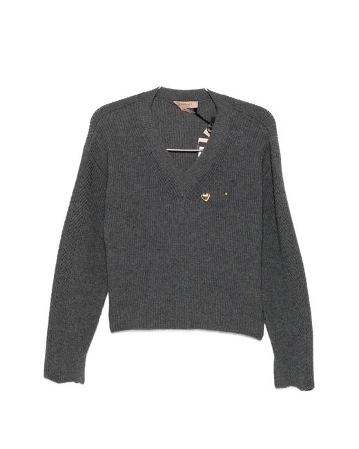Twinset Gray Ribbed-Knit V-Neck Sweater