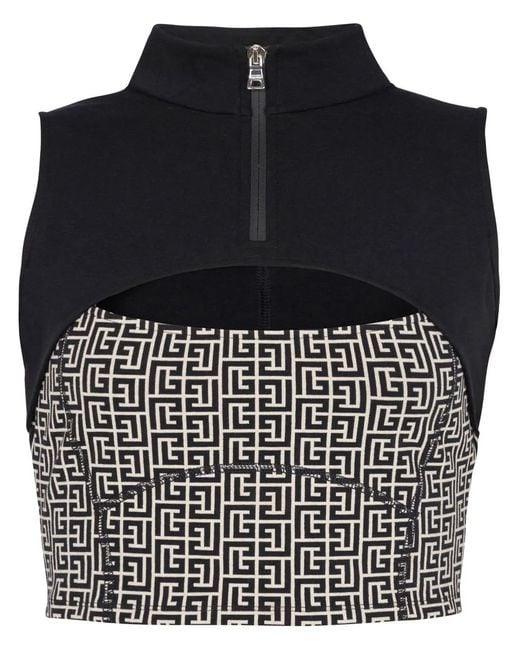 Balmain Black Monogram Cut-out Crop Top