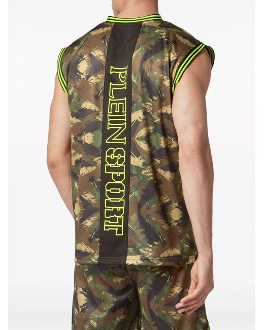 Philipp Plein Green Logo-Print Camouflage Tank Top for men