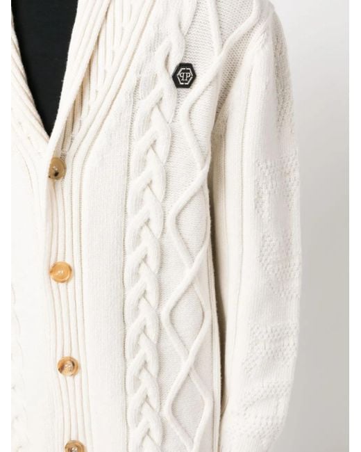メンズ Philipp Plein ダメージ ケーブルニット カーディガン White