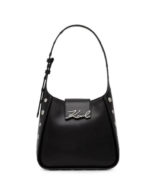 Karl Lagerfeld Black Stud-Embellished Logo-Plaque Tote Bag