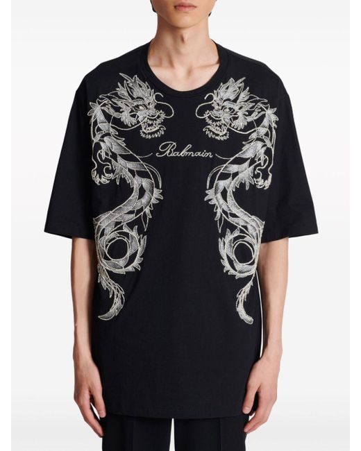 Balmain T-Shirt mit Drachenstickerei in Black für Herren