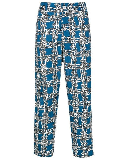 Amir Slama Blue Rope-Print Linen-Blend Trousers for men