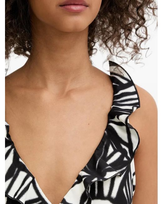 DKNY Black Abstract-Print Ruffled Swimsuit