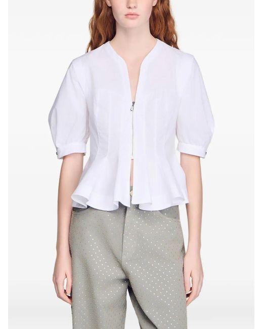 Sandro White Zip-Up Peplum Shirt