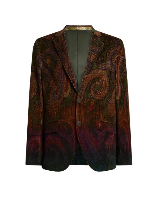Etro Brown Single-Breasted Cotton Corduroy Jacket With Placed Degradé Paisley Print for men