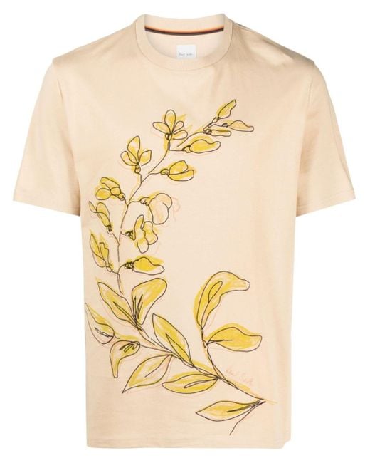 Paul Smith Natural Floral-embroidery Cotton T-shirt for men