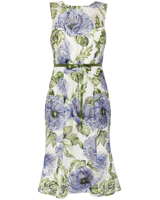 Marchesa Blue Floral-embroidered Tulle Midi Dress