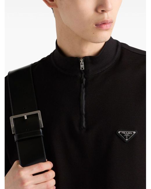 Prada Black Triangle-Logo Polo Shirt for men